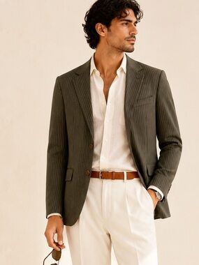Matinique Tailored Olive Green Pinstripe Cotton Blazer Quiet Luxury Size 44R